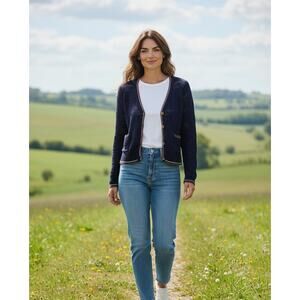 Lucky Brand Cardigan Sweater Womens Medium Blue Open Knit Nautical Trim Pockets